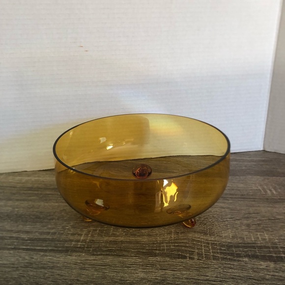Handblown Amber Art Glass Bowl with Feet - Picture 8 of 11